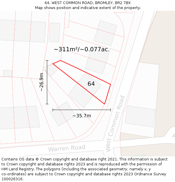 64, WEST COMMON ROAD, BROMLEY, BR2 7BX: Plot and title map