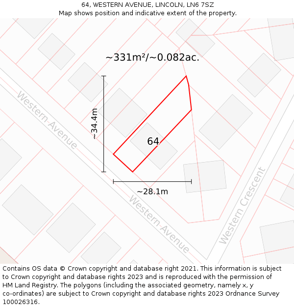 64, WESTERN AVENUE, LINCOLN, LN6 7SZ: Plot and title map