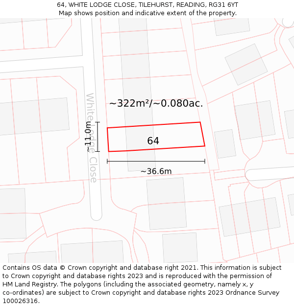 64, WHITE LODGE CLOSE, TILEHURST, READING, RG31 6YT: Plot and title map