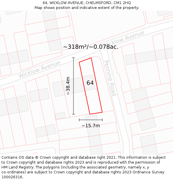 64, WICKLOW AVENUE, CHELMSFORD, CM1 2HQ: Plot and title map