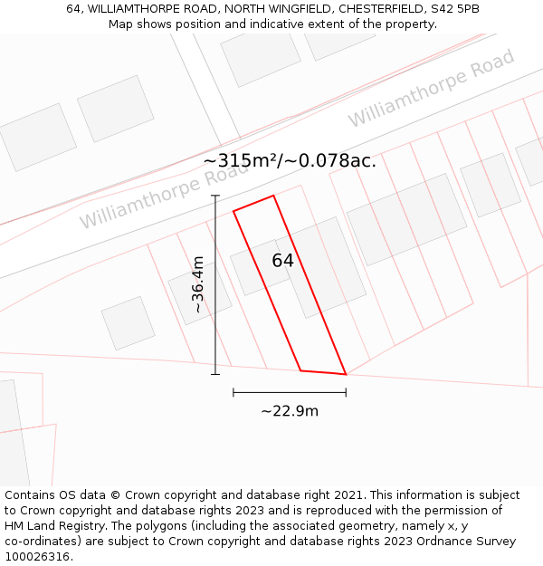 64, WILLIAMTHORPE ROAD, NORTH WINGFIELD, CHESTERFIELD, S42 5PB: Plot and title map