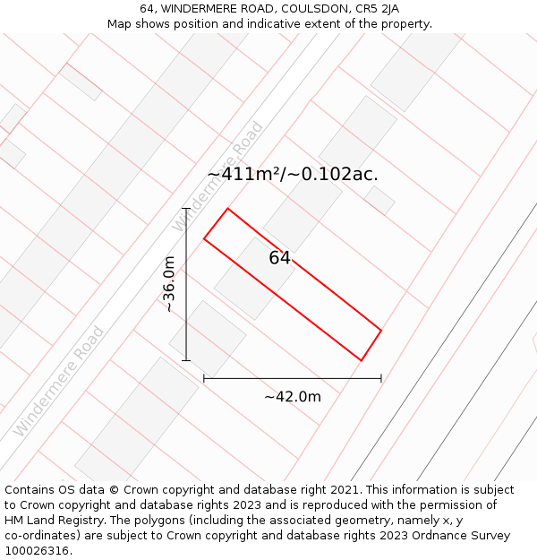 64, WINDERMERE ROAD, COULSDON, CR5 2JA: Plot and title map