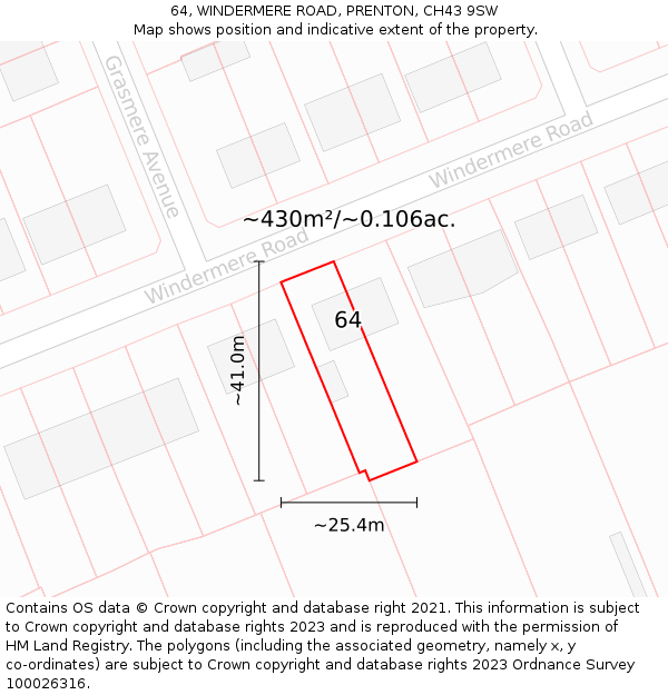64, WINDERMERE ROAD, PRENTON, CH43 9SW: Plot and title map