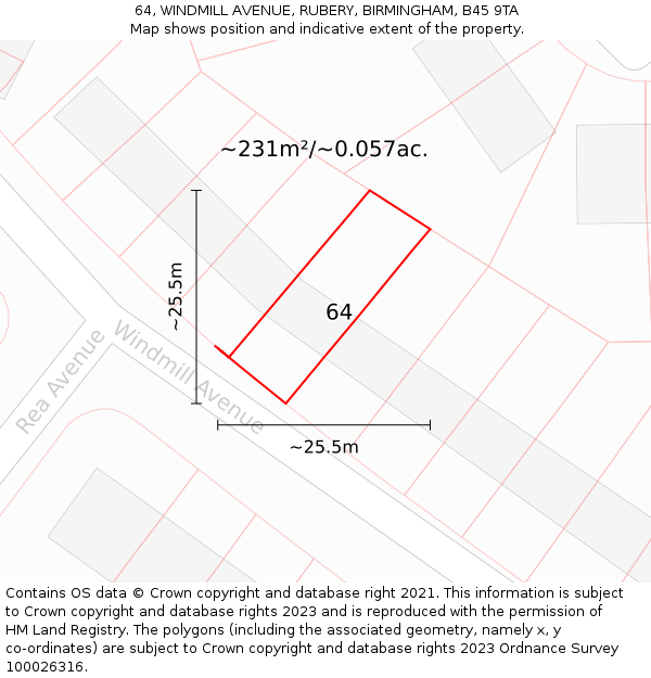 64, WINDMILL AVENUE, RUBERY, BIRMINGHAM, B45 9TA: Plot and title map