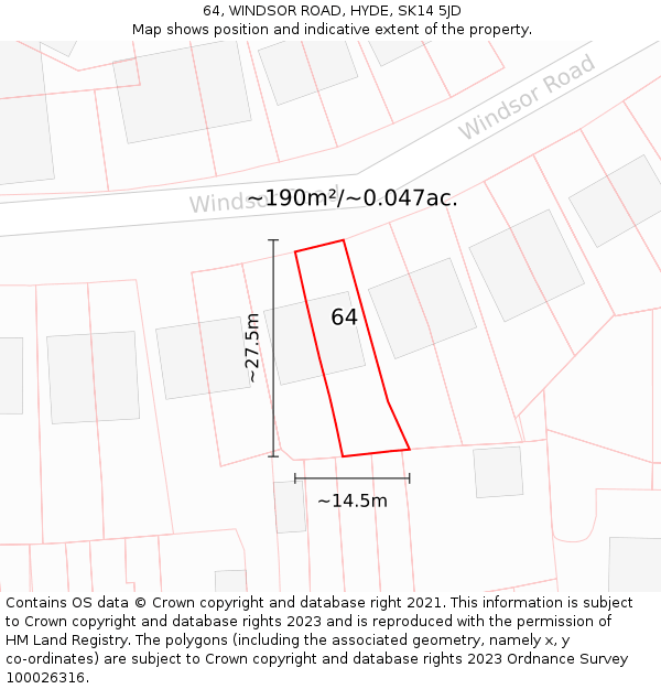64, WINDSOR ROAD, HYDE, SK14 5JD: Plot and title map