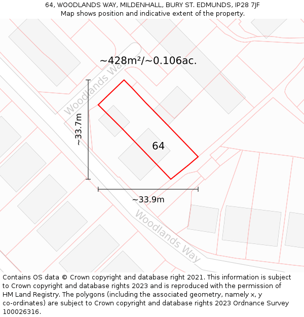 64, WOODLANDS WAY, MILDENHALL, BURY ST EDMUNDS, IP28 7JF: Plot and title map