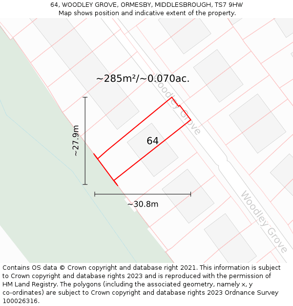 64, WOODLEY GROVE, ORMESBY, MIDDLESBROUGH, TS7 9HW: Plot and title map
