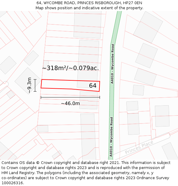 64, WYCOMBE ROAD, PRINCES RISBOROUGH, HP27 0EN: Plot and title map