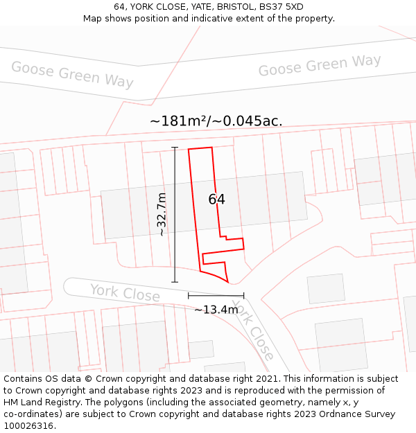 64, YORK CLOSE, YATE, BRISTOL, BS37 5XD: Plot and title map