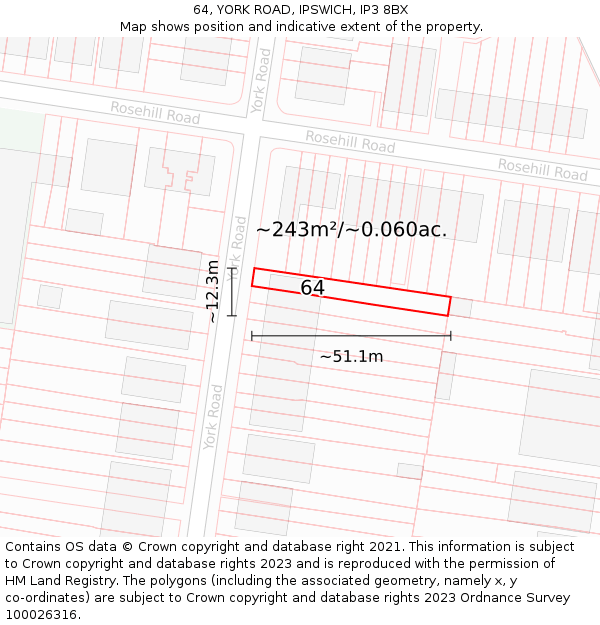 64, YORK ROAD, IPSWICH, IP3 8BX: Plot and title map