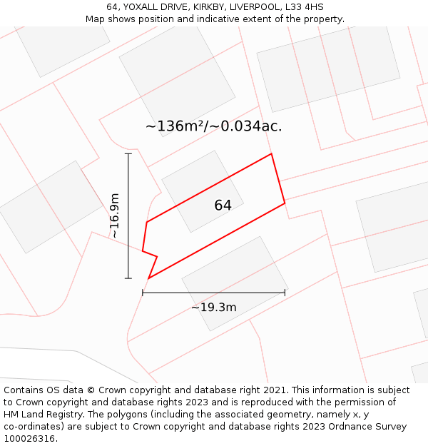 64, YOXALL DRIVE, KIRKBY, LIVERPOOL, L33 4HS: Plot and title map