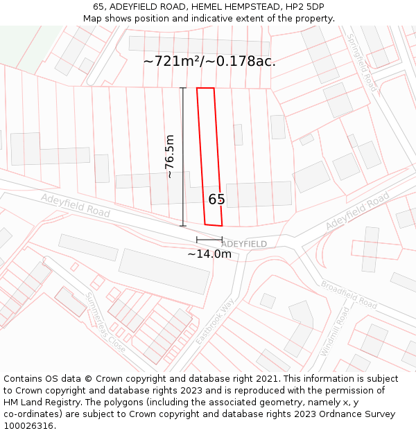 65, ADEYFIELD ROAD, HEMEL HEMPSTEAD, HP2 5DP: Plot and title map