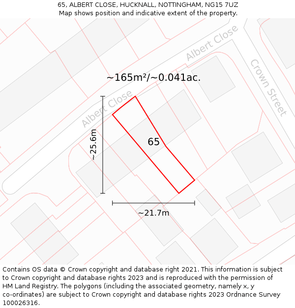 65, ALBERT CLOSE, HUCKNALL, NOTTINGHAM, NG15 7UZ: Plot and title map