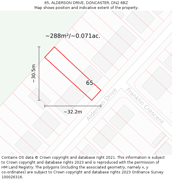 65, ALDERSON DRIVE, DONCASTER, DN2 6BZ: Plot and title map