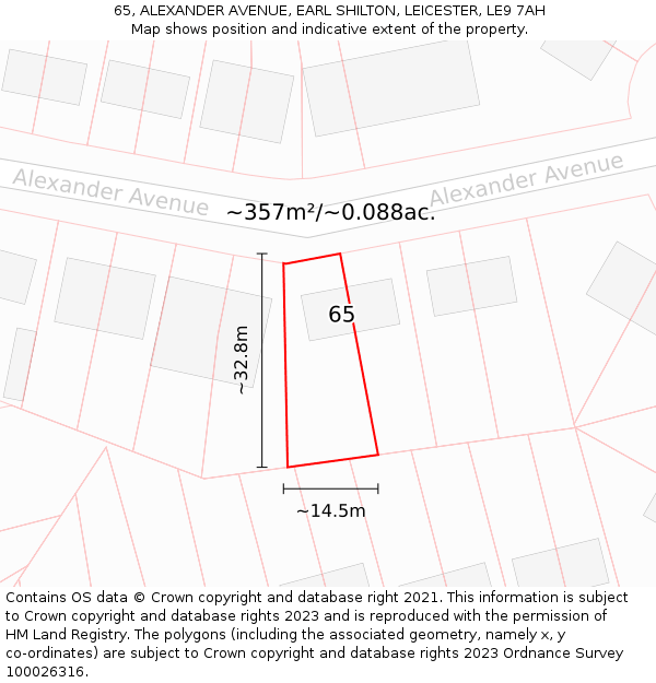 65, ALEXANDER AVENUE, EARL SHILTON, LEICESTER, LE9 7AH: Plot and title map