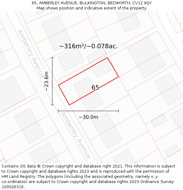 65, AMBERLEY AVENUE, BULKINGTON, BEDWORTH, CV12 9QY: Plot and title map