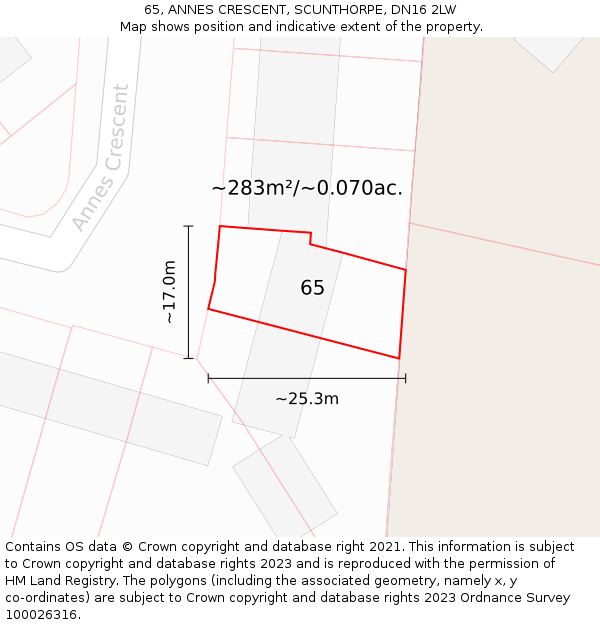65, ANNES CRESCENT, SCUNTHORPE, DN16 2LW: Plot and title map