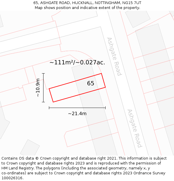 65, ASHGATE ROAD, HUCKNALL, NOTTINGHAM, NG15 7UT: Plot and title map