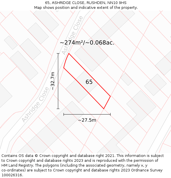 65, ASHRIDGE CLOSE, RUSHDEN, NN10 9HS: Plot and title map