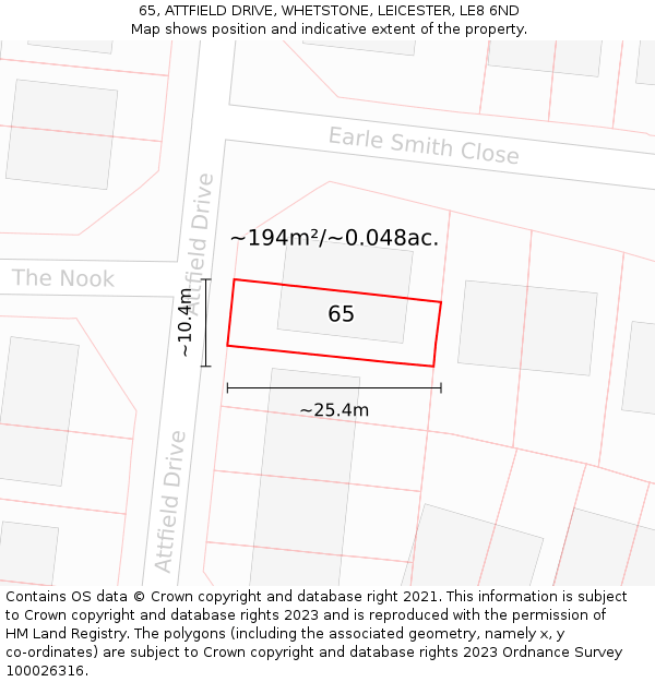 65, ATTFIELD DRIVE, WHETSTONE, LEICESTER, LE8 6ND: Plot and title map