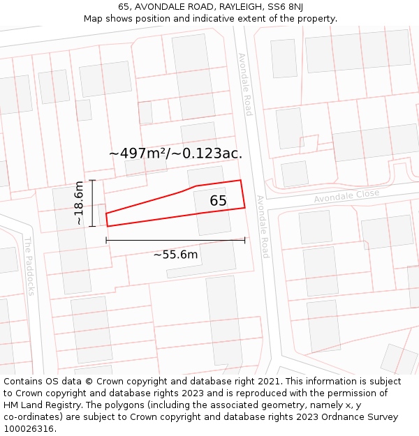 65, AVONDALE ROAD, RAYLEIGH, SS6 8NJ: Plot and title map