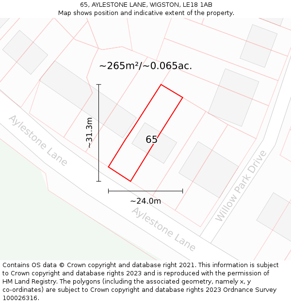 65, AYLESTONE LANE, WIGSTON, LE18 1AB: Plot and title map