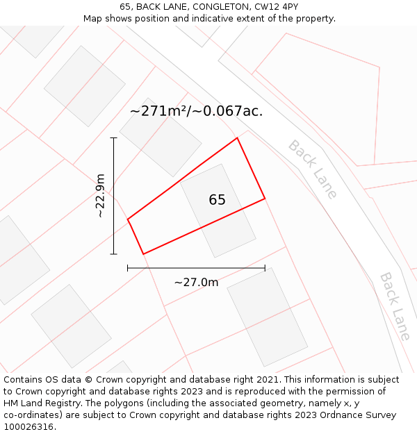 65, BACK LANE, CONGLETON, CW12 4PY: Plot and title map