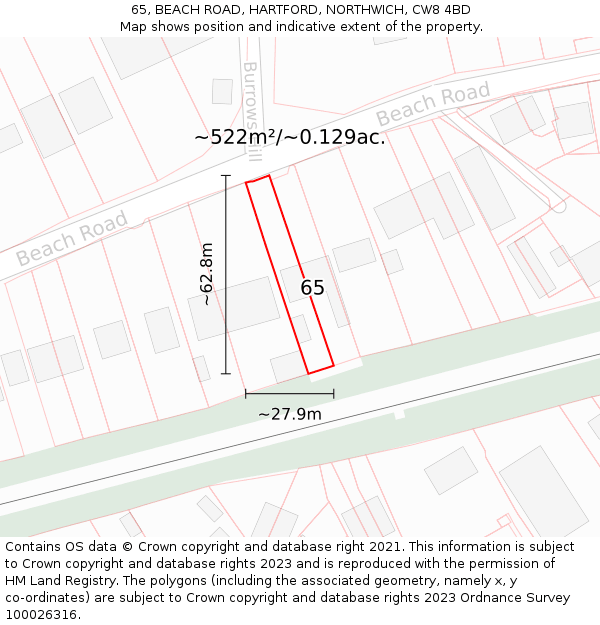 65, BEACH ROAD, HARTFORD, NORTHWICH, CW8 4BD: Plot and title map