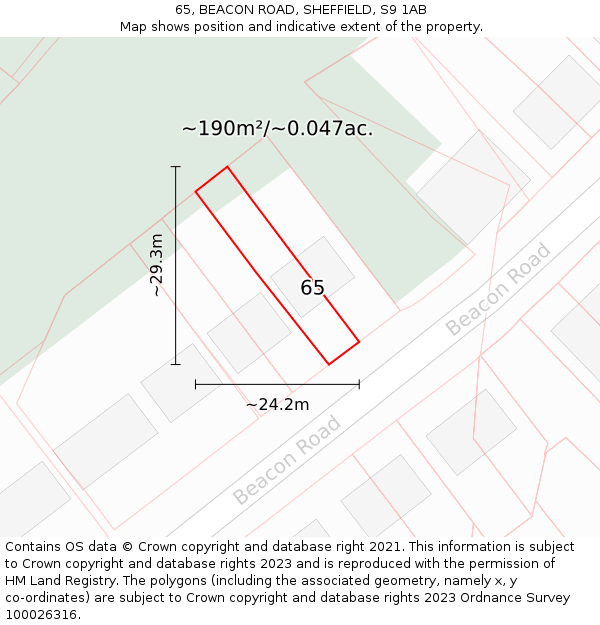 65, BEACON ROAD, SHEFFIELD, S9 1AB: Plot and title map