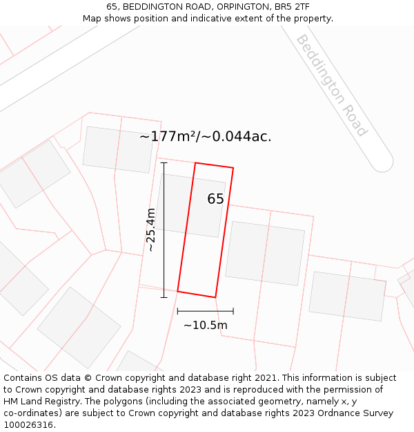 65, BEDDINGTON ROAD, ORPINGTON, BR5 2TF: Plot and title map