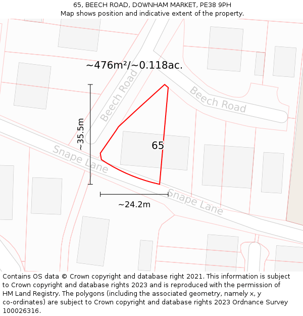 65, BEECH ROAD, DOWNHAM MARKET, PE38 9PH: Plot and title map