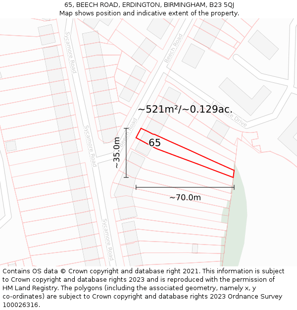 65, BEECH ROAD, ERDINGTON, BIRMINGHAM, B23 5QJ: Plot and title map