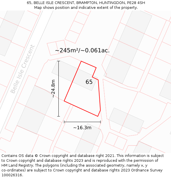 65, BELLE ISLE CRESCENT, BRAMPTON, HUNTINGDON, PE28 4SH: Plot and title map