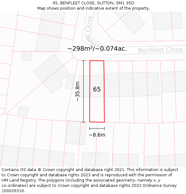65, BENFLEET CLOSE, SUTTON, SM1 3SD: Plot and title map