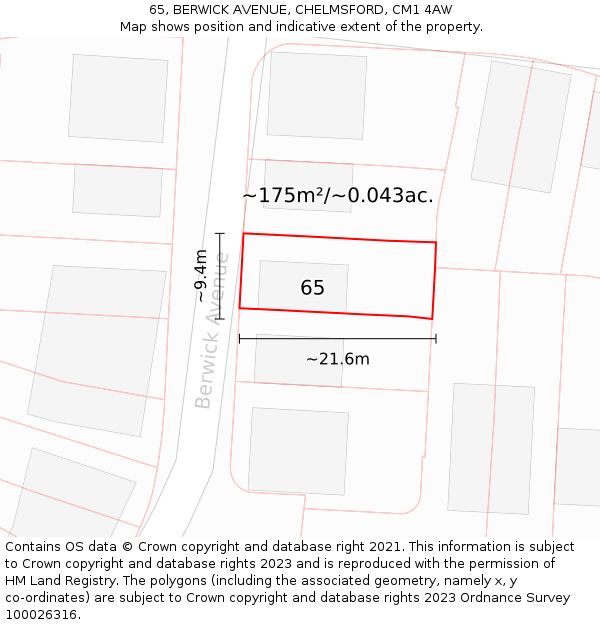 65, BERWICK AVENUE, CHELMSFORD, CM1 4AW: Plot and title map