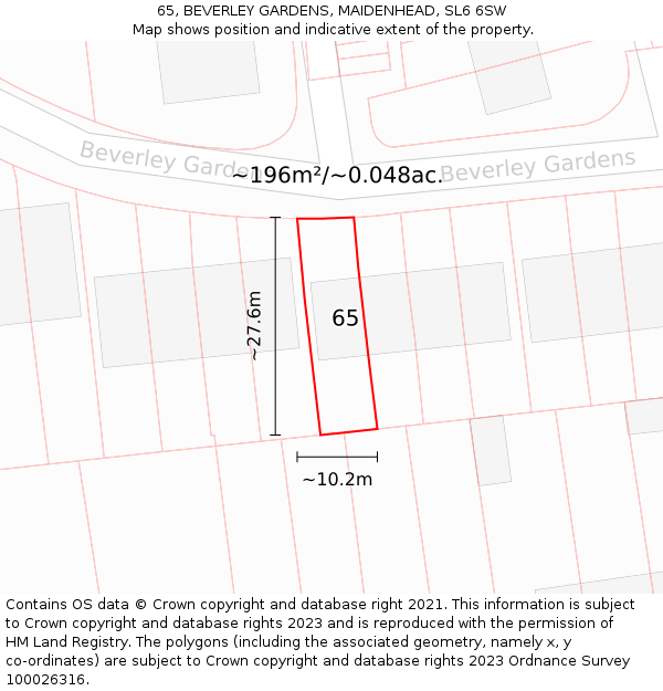 65, BEVERLEY GARDENS, MAIDENHEAD, SL6 6SW: Plot and title map