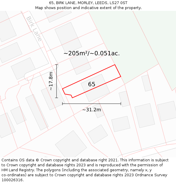65, BIRK LANE, MORLEY, LEEDS, LS27 0ST: Plot and title map