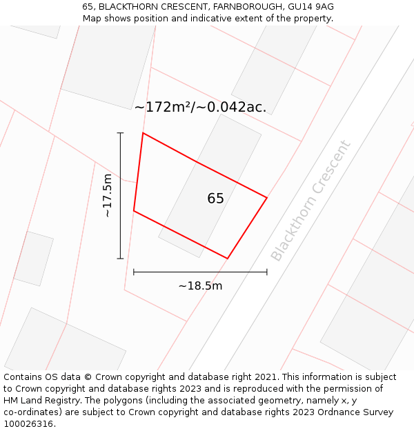 65, BLACKTHORN CRESCENT, FARNBOROUGH, GU14 9AG: Plot and title map