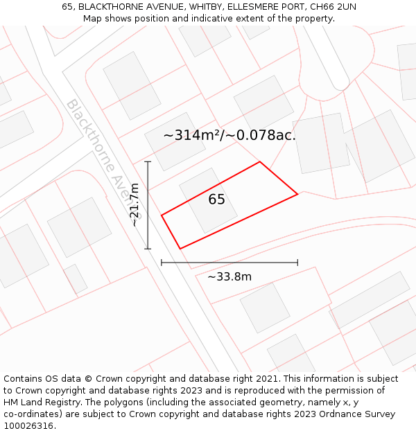 65, BLACKTHORNE AVENUE, WHITBY, ELLESMERE PORT, CH66 2UN: Plot and title map