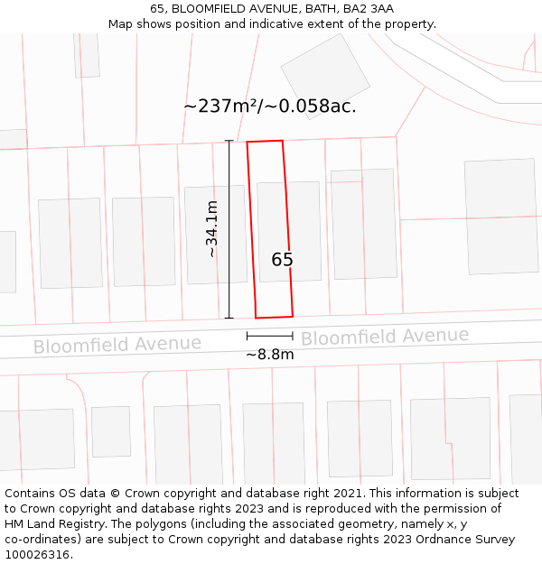 65, BLOOMFIELD AVENUE, BATH, BA2 3AA: Plot and title map