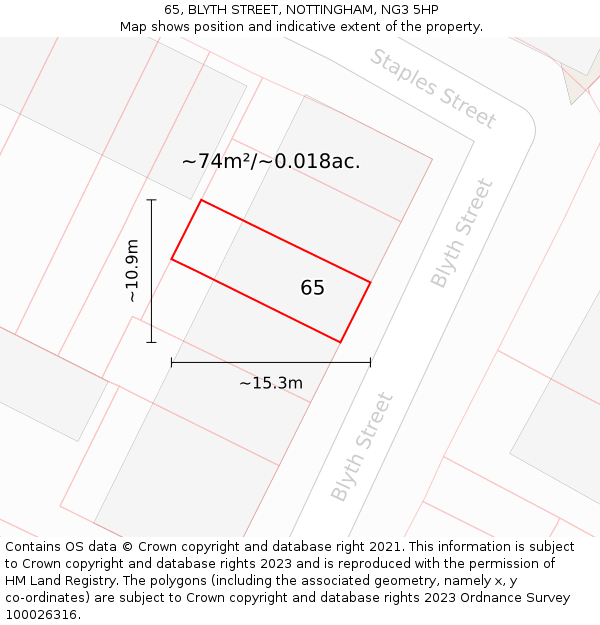 65, BLYTH STREET, NOTTINGHAM, NG3 5HP: Plot and title map