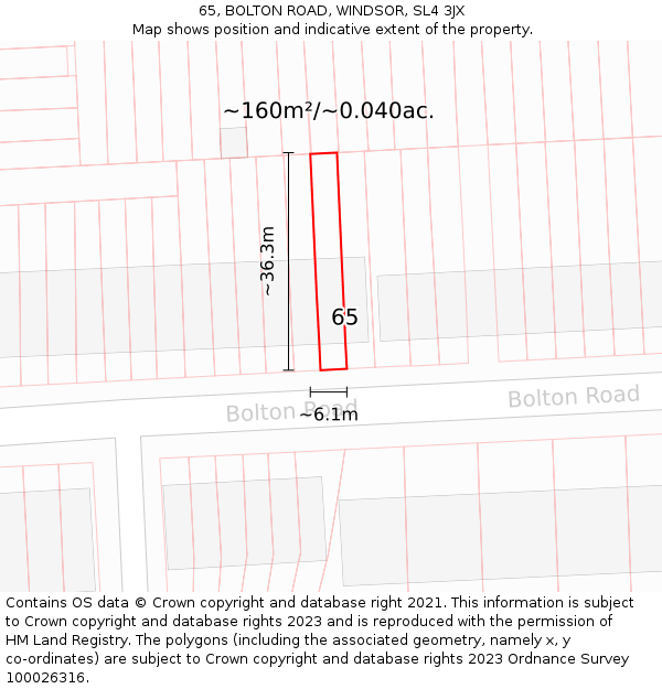 65, BOLTON ROAD, WINDSOR, SL4 3JX: Plot and title map