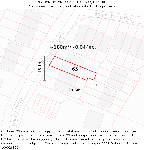 65, BONINGTON DRIVE, HEREFORD, HR4 0RU: Plot and title map