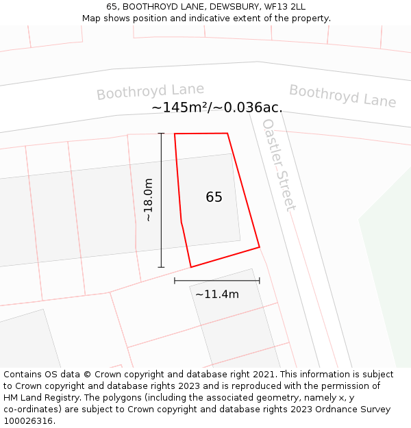 65, BOOTHROYD LANE, DEWSBURY, WF13 2LL: Plot and title map