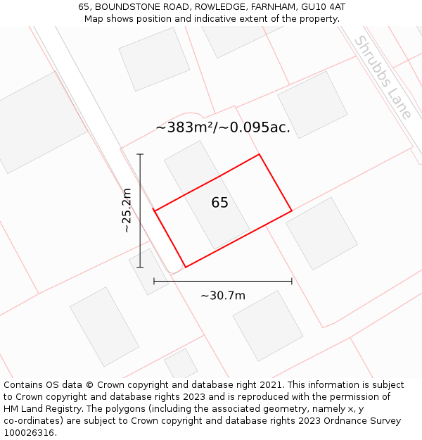 65, BOUNDSTONE ROAD, ROWLEDGE, FARNHAM, GU10 4AT: Plot and title map