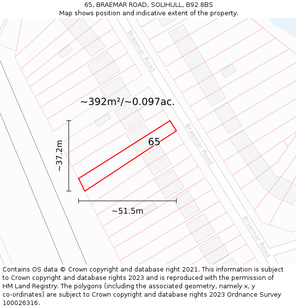 65, BRAEMAR ROAD, SOLIHULL, B92 8BS: Plot and title map