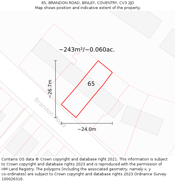 65, BRANDON ROAD, BINLEY, COVENTRY, CV3 2JD: Plot and title map