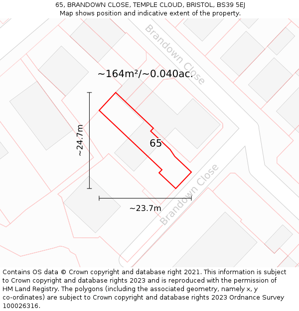 65, BRANDOWN CLOSE, TEMPLE CLOUD, BRISTOL, BS39 5EJ: Plot and title map