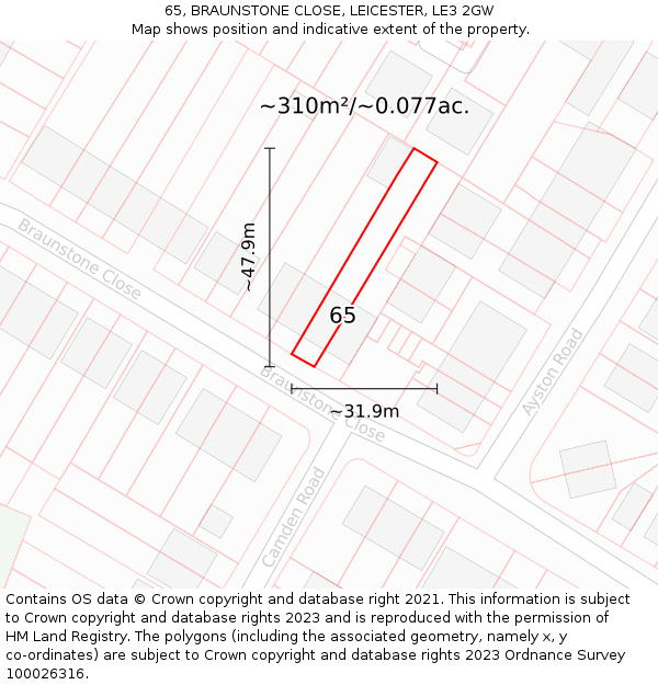 65, BRAUNSTONE CLOSE, LEICESTER, LE3 2GW: Plot and title map