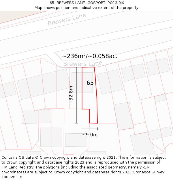 65, BREWERS LANE, GOSPORT, PO13 0JX: Plot and title map